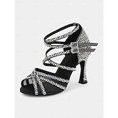 cheap Latin Shoes-Red Rhinestone-Studded Latin Dance Sandals with Buckle Detail – Perfect for Social Dance, Competitions, and Performances