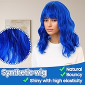 baratos Perucas Sintéticas sem Touca-perucas azuis para mulheres e meninas, peruca azul escura ondulada, peruca curta de cabelo azul, peruca azul bob natural com franja, peruca azul cacheada na altura dos ombros, peruca sintética cosplay