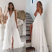 preiswerte Abschlusskleider-Damen Maxikleid Abschlusskleid Freizeitkleid A Linie Kleid Sommerkleid Stilvoll Sexy Urlaub Täglich Date Normale Passform Einfach Ärmellos V Ausschnitt Weiß Sommer