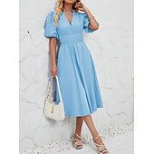 cheap Dresses-Retro Vintage 1950s Midi Dress Flare Dress Puff Sleeve Solid Color A-Line V Neck Women&#039;s Masquerade Wedding Vacation Tea Party Adults&#039; Dress