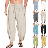 baratos Clássico-Homens Calças de linho Calça verão Calças de praia Calças Harem Bolsos Com Cordão Cintura elástica Tecido Conforto Respirável Mimolet Férias Diário Feriado Havaiana Boho Azul Céu Preto