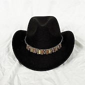 preiswerte Partykappen-Metallgürtel Western Cowboyhut Herren Herren Damen Jazz Cowboyhut mit Leder breiter Krempe Glockenhut Kirche Sombrero Cowgirl
