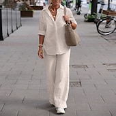 cheap Sets-Women&#039;s Fashion Streetwear Shirt Linen-Inspired Sets Two Piece Sets Linen Pants Pants Trousers Long Sleeve Shirt Collar Solid Color Daily Wear Date Army Green Dark Navy Khaki Spring Regular Fit