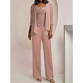 voordelige Broekpakken van mama-Jumpsuit  Pantalon 3-delige Moeder van de Bruid Formeel Bruids Gast Elegant Vintage Scoop Hals Enkel Lengte Chiffon Kant Mouwloos 3/4 Lengte Mouw met Applicaties vrije maat