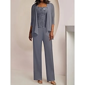 voordelige Broekpakken van mama-Jumpsuit  Pantalon 3-delige Moeder van de Bruid Formeel Bruids Gast Elegant Vintage Scoop Hals Enkel Lengte Chiffon Kant Mouwloos 3/4 Lengte Mouw met Applicaties vrije maat