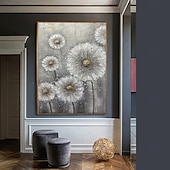 billiga Blom- och växtmålningar-handgjord oljemålning canvas akryl väggkonst dekoration abstrakt grå textur maskros blommor för vardagsrum heminredning rullad ramlös osträckt målning