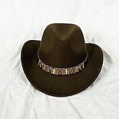 preiswerte Partykappen-Metallgürtel Western Cowboyhut Herren Herren Damen Jazz Cowboyhut mit Leder breiter Krempe Glockenhut Kirche Sombrero Cowgirl