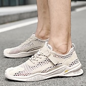 cheap Men&#039;s Sneakers-Men&#039;s Beige Mesh Sneakers with Lace-up &amp; Velcro Strap, Breathable Casual Sports Shoes for Summer
