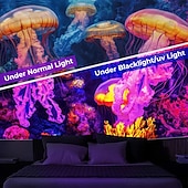 abordables Tapisseries à la lumière noire-Tentures en lumière noire glow in the dark fête luminescente UV réactive méduse trippy brouillée paysage naturel tenture murale suspendue pour salon chambre
