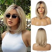 economico Parrucche trendy sintetiche-parrucche bionde per donne parrucca biondo chiaro ombré con frangia parrucca sintetica a strati di media lunghezza radici scure per feste quotidiane