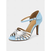 abordables Chaussures de danses latines-chaussures de danse à lanières bleu clair et argent pour femmes - sandales latines à talons hauts avec fermeture à boucle pour la pratique et les spectacles de danse