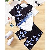abordables Visión 3D de la Chica &amp; Brillo-Chica 3D Graphic Mariposa Camiseta y Bermudas Conjunto Manga Corta Verano Primavera Deportes Moda Diario Niños 4-12 años Cuello Barco Exterior Vacaciones Deportes A Medida