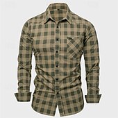 cheap Men&#039;s Work Shirts-Men&#039;s Shirt Summer Shirt Casual Shirt Button Up Shirt khaki Army Green Long Sleeve Plaid Lapel Vacation Hawaiian Button-Down Clothing Apparel 100% Cotton Fashion Casual Comfortable