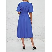 cheap Dresses-Retro Vintage 1950s Midi Dress Flare Dress Puff Sleeve Solid Color A-Line V Neck Women&#039;s Masquerade Wedding Vacation Tea Party Adults&#039; Dress