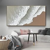 abordables Peintures paysages-peinture à l&#039;huile sur toile faite à la main représentant des vagues de l&#039;océan, peinture abstraite de plage peinte à la main, art mural blanc, peinture texturée 3D marron, peinture de plage marron,