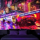 ieftine Tapiserii cu lumină neagră-Tapiserie Blacklight Strălucire în întuneric Petrecere strălucitoare Reactive UV Stradă oraș Mașină Misty Natură Peisaj Tapiserie Suspendată Artă de perete Mural pentru Living sau Dormitor