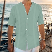 economico Vacanza-Per uomo Camicia camicia di lino Camicia Guayabera Camicia con colletto a fascia Camicia estiva Abbigliamento mare Liscio Da mare Curise Nero Bianco Blu Verde Manica corta Colletto Estate