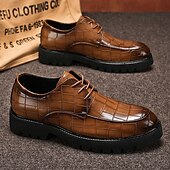 baratos Formal-sapatos derby marrom masculino - couro sintético com relevo de textura de crocodilo, calçados estilosos e versáteis para homens, ideais para uso casual, no escritório e no dia a dia