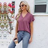 billige Plain t-skjorte-Dame Boho T-skjorte عادي Bohem søt stil Stilfull Kortermet Sommerfuglermer V-hals Vanlige topper Daglig Ut på byen Helg Drapering Svart Hvit Rosa Blå Fuksia Sommer