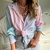 voordelige Vrouwen vakantie tops-Dames Overhemd Gestreept Dagelijks Stijlvol Basic Lange mouw Overhemdkraag Normale tops Werk Dagelijks Feestdagen Knop Blozend Roze Lente Herfst