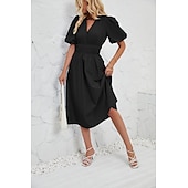 cheap Dresses-Retro Vintage 1950s Midi Dress Flare Dress Puff Sleeve Solid Color A-Line V Neck Women&#039;s Masquerade Wedding Vacation Tea Party Adults&#039; Dress