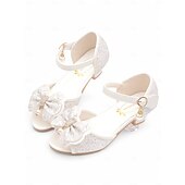 economico Ragazza dei fiori-sandali da bambina con fiocco glitterato viola e accenti di perle, cinturino regolabile, perfetti per matrimoni, compleanni e occasioni speciali