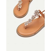 economico Infradito da Vacanza-sandali infradito da donna con fiori di strass color cuoio e bordi borchiati – eleganti sandali bassi per l&#039;estate, la spiaggia e le occasioni informali