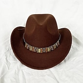 preiswerte Partykappen-Metallgürtel Western Cowboyhut Herren Herren Damen Jazz Cowboyhut mit Leder breiter Krempe Glockenhut Kirche Sombrero Cowgirl