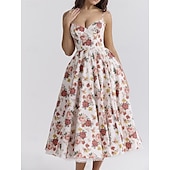cheap Dresses-Retro Vintage 1950s Midi Dress Flare Dress Spaghetti Strap Corset Floral A-Line Women&#039;s Masquerade Wedding Vacation Tea Party Adults&#039; Dress