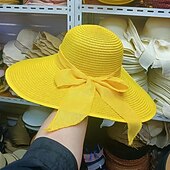economico Accessori-cappello di paglia a tesa larga per donna, protezione solare estiva, cappello a tesa larga, cappello da spiaggia con fiocco da mare, cappello da sole