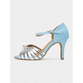 abordables Chaussures de danses latines-chaussures de danse à lanières bleu clair et argent pour femmes - sandales latines à talons hauts avec fermeture à boucle pour la pratique et les spectacles de danse