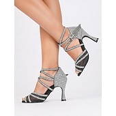 cheap Latin Shoes-Red Rhinestone-Studded Latin Dance Sandals with Buckle Detail – Perfect for Social Dance, Competitions, and Performances