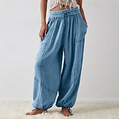 ieftine Pantaloni din bumbac simplu-pantaloni din bumbac și pânză pentru femei, îmbrăcăminte stradală la modă, confort, lungime, talie înaltă, șnur simplu, talie elastică, șnur confortabil în aer liber, ținută confortabilă de zi cu zi