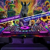 ieftine Tapiserii cu lumină neagră-Goblen sub lumină neagră Strălucesc în întuneric Petrecere luminoasă UV Reacționând Animal Trippy DJ Goblen Artă murală pentru camera de zi Dormitor