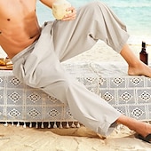 baratos Clássico-Homens Calças de linho Calça verão Calças de praia Calças Harem Bolsos Com Cordão Cintura elástica Tecido Conforto Respirável Mimolet Férias Diário Feriado Havaiana Boho Azul Céu Preto