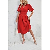 cheap Dresses-Retro Vintage 1950s Midi Dress Flare Dress Puff Sleeve Solid Color A-Line V Neck Women&#039;s Masquerade Wedding Vacation Tea Party Adults&#039; Dress
