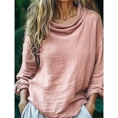 levne Boho topy-Dámské Košile Halenka Bavlněné lněné košile Pevná barva Základní Na běžné nošení Dlouhý rukáv Tričkový Nabíraný krk Běžné topy Denní Černá Světlá růžová Vodní modrá Světle šedá Růžová Léto