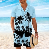 preiswerte Bedruckte Hemden-Sets für Herren-Herren Kokospalme 2St Hemden-Sets Hemd Kurzarm Kurze Hosen Kubanisches Halsband Urlaub Hawaiianisch Party Lässig Täglich 3D-Druck Sommer Rubinrot Weiß Gelb
