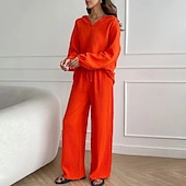 cheap Sets-Women&#039;s Fashion Streetwear Shirt Two Piece Sets Linen Pants Pants Trousers Long Sleeve Shirt Collar Solid Color Drawstring Daily Wear Date Black White Orange Summer Regular Fit