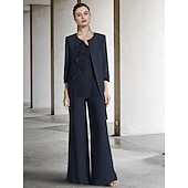voordelige Broekpakken van mama-Jumpsuit  Broekpak 3-delige Moeder van de Bruid Formele Bruiloft Gast Elegante Wrap Inclusief Scoop Hals Vloerlengte Chiffon Kant Mouwloos met Ruffles gratis op maat