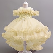 preiswerte Kleider für die Blumenmädchen-Blumenmädchenkleid Mädchen Formelle Kleidung Prinzessinenkleid Party Kleid Hochzeit Besondere Anlässe bezaubernd Süß Rüschen Zip Feste Farbe Kurzarm Rundhalsausschnitt Weiß Champagner 4-13 Jahre