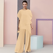 cheap Mom&#039;s Jumpsuits-Two Piece Jumpsuit / Pantsuit Mother of the Bride  Wedding Guest Elegant Plus Size Scoop Neck Floor Length Chiffon Short Sleeve with Solid Color free custom size