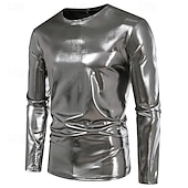 cheap Basic T shirts-Men&#039;s Tee Tee Top Long Sleeve Shirt Long Sleeve Crew Neck Spring &amp;  Fall Plain Fashion Designer Shiny Metallic Vacation Street Going out Silver Green Red Top Tee for Men