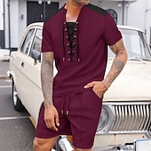 billiga Set med herr-T-shirts-Herr T-shirtkostymer 2 delar outfits T-shirt och shorts Kortärmad Rund halsringning Sommar Färgblock Mode Ledigt Snörning 2 st Semester Dagliga kläder Utekväll Svart Vit Vin Topp t-shirt för män