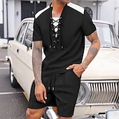 billiga Set med herr-T-shirts-Herr T-shirtkostymer 2 delar outfits T-shirt och shorts Kortärmad Rund halsringning Sommar Färgblock Mode Ledigt Snörning 2 st Semester Dagliga kläder Utekväll Svart Vit Vin Topp t-shirt för män