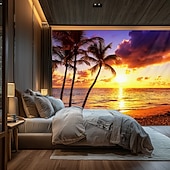 cheap Ocean Beach Tapestry-Landscape Sunset Beach Hanging Tapestry Wall Art Large Tapestry Mural Decor Photograph Backdrop Blanket Curtain Home Bedroom Living Room Decoration Palm Tree