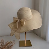 economico Accessori-cappello di paglia a tesa larga per donna, protezione solare estiva, cappello a tesa larga, cappello da spiaggia con fiocco da mare, cappello da sole