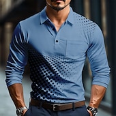 abordables Polo géométrique pour homme-Homme Géométrique Polo manche longue Polos Chemises à Col Vêtement décontracté de travaile Affaires Athleisure Tenue quotidienne Boutons Impression 3D Printemps Automne Hiver Blanche Bleu Marron