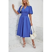 cheap Dresses-Retro Vintage 1950s Midi Dress Flare Dress Puff Sleeve Solid Color A-Line V Neck Women&#039;s Masquerade Wedding Vacation Tea Party Adults&#039; Dress
