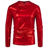 cheap Basic T shirts-Men&#039;s Tee Tee Top Long Sleeve Shirt Long Sleeve Crew Neck Spring &amp;  Fall Plain Fashion Designer Shiny Metallic Vacation Street Going out Silver Green Red Top Tee for Men